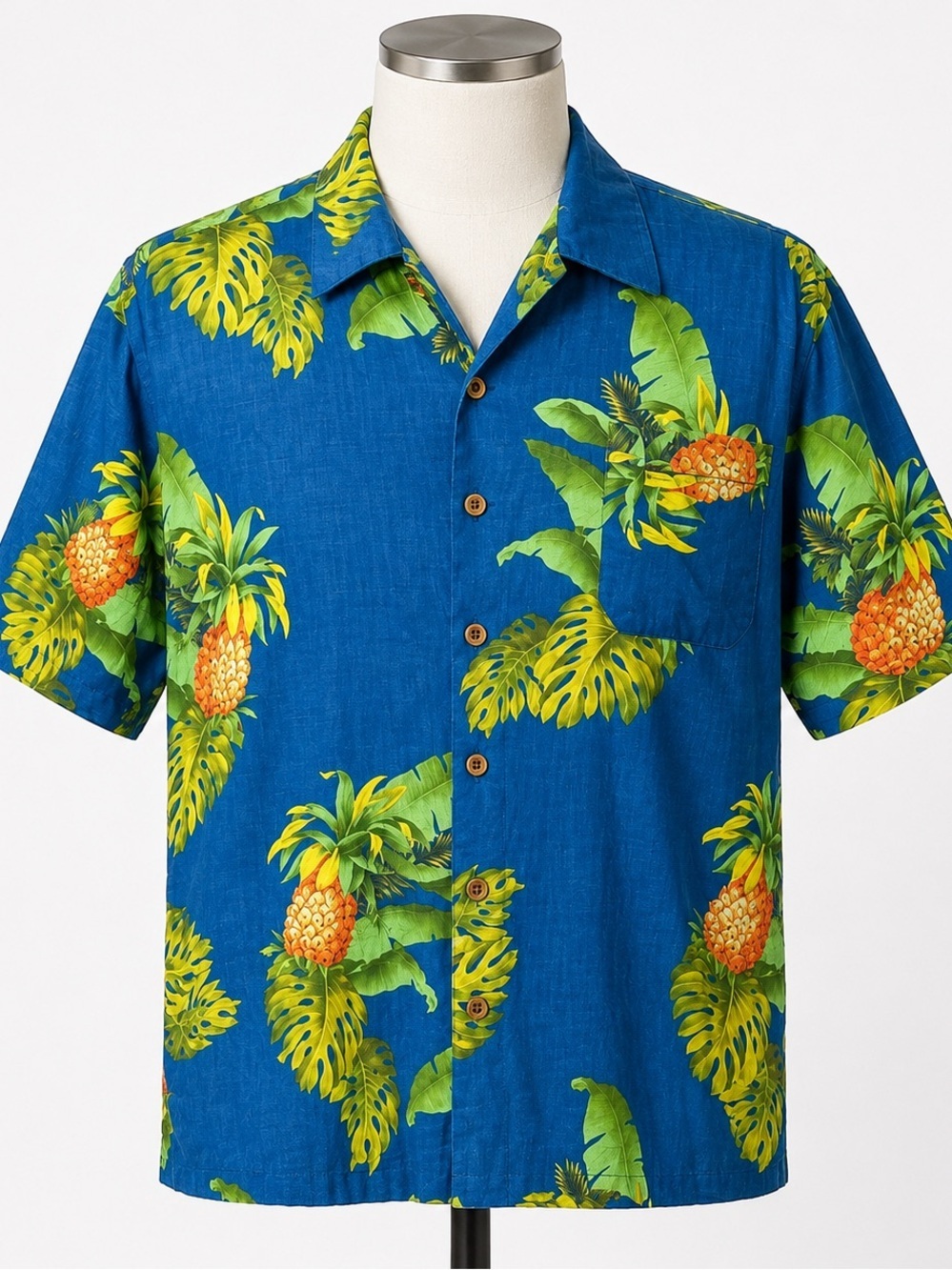 100% Silk Hawaiian Camp Collar Shirt Blue Pineapple Tropical Men’s Large